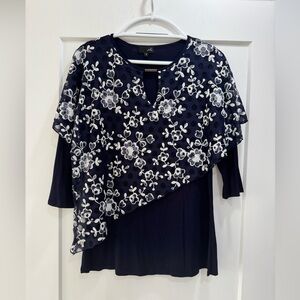 ME Elegant Navy Floral Women's Top with attached floral poncho. 3/4 sleeves. M